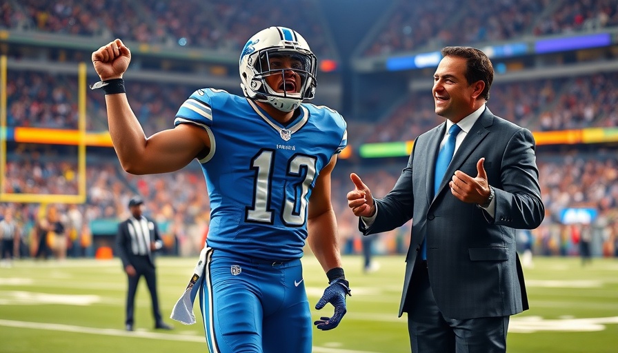 Dynamic scene of a Detroit Lions player celebrating victory over Ravens.
