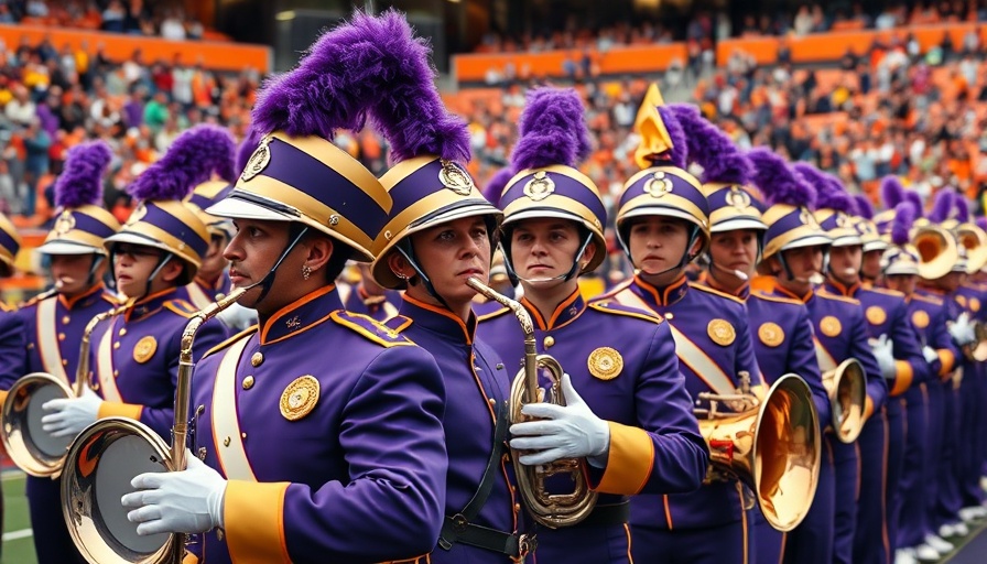 Marching band members in stadium preparing to perform.