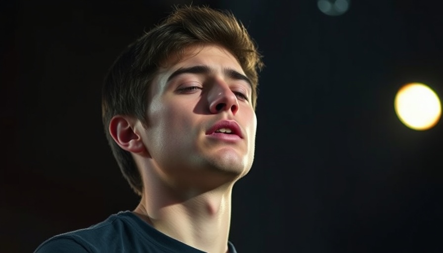 Young man speaking passionately in a dark room, cinematic light.
