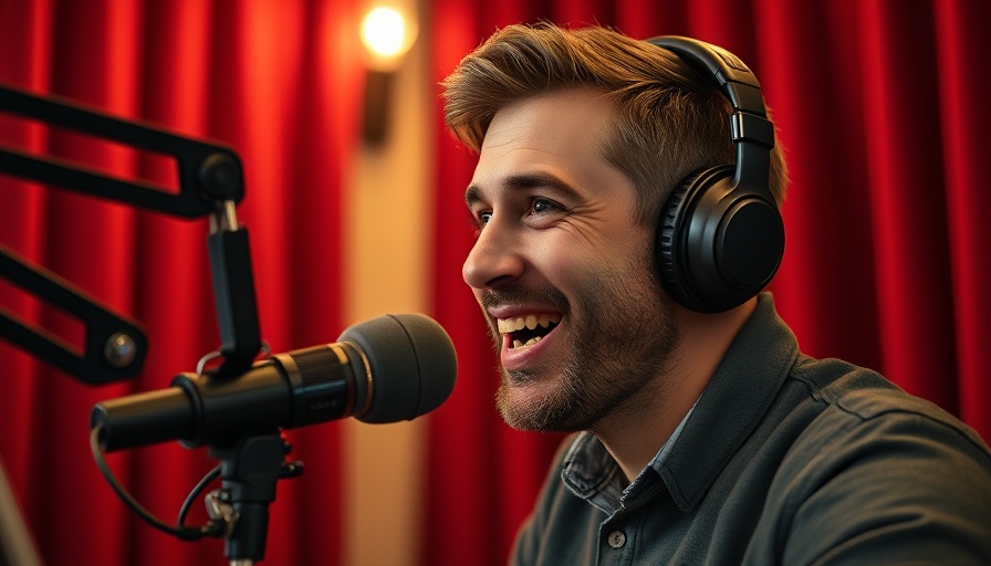 Man podcasting about comedy and culture in America, deep red backdrop.