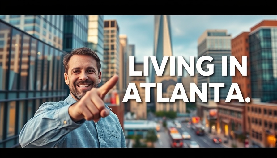 Vibrant cityscape with smiling man and living in Atlanta text.