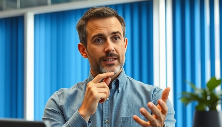 Male presenter discussing a topic in an office setting, contemplating.