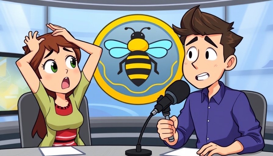 Animated discussion on bee theory with illustrated speakers, bee backdrop.