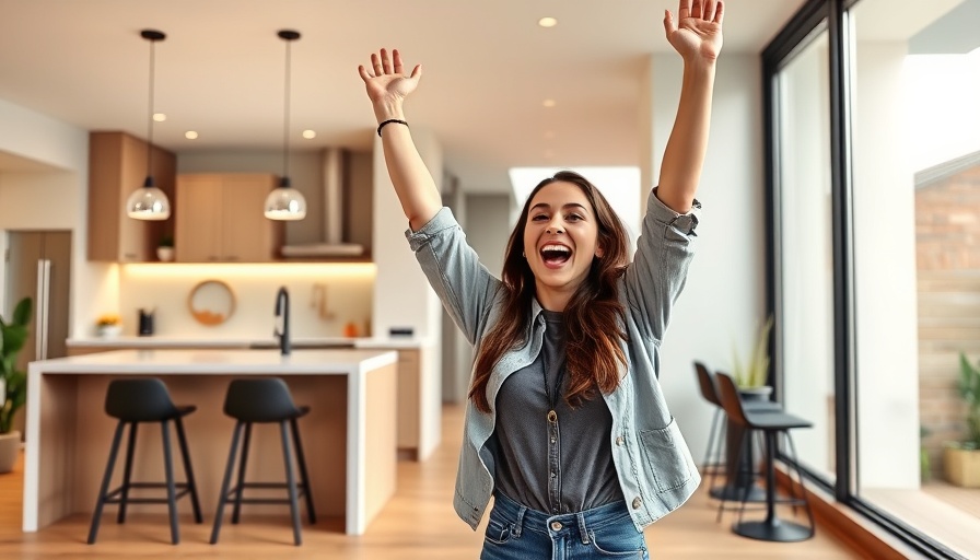 Excited woman celebrating affordable Edgewood townhome, modern kitchen.