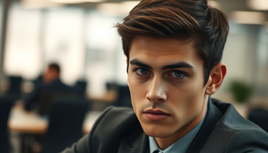 Young man with intense expression in office setting.