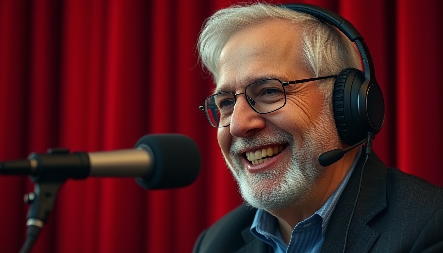 Cinematic photo of a man in a podcast setting with rich red curtains.