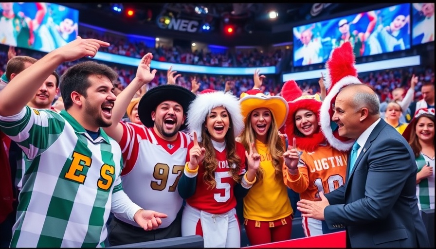 AI sports betting concept with dynamic televised sports discussion and fans.