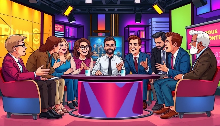 Cartoon image of diverse group in animated talk show debate on identity politics in America.