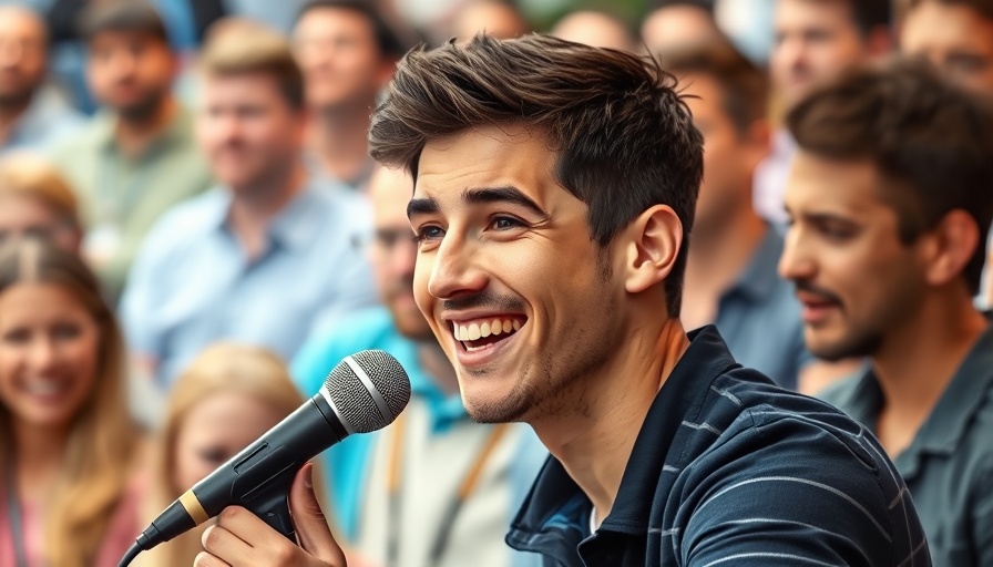 Young man smiling while speaking at a microphone with a crowd.