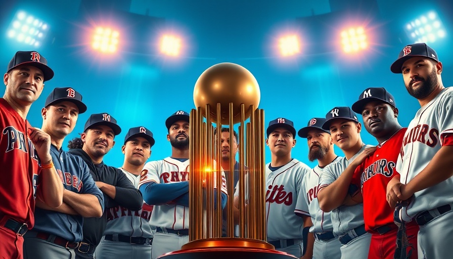 Dynamic MLB player lineup around trophy, vibrant postseason energy.