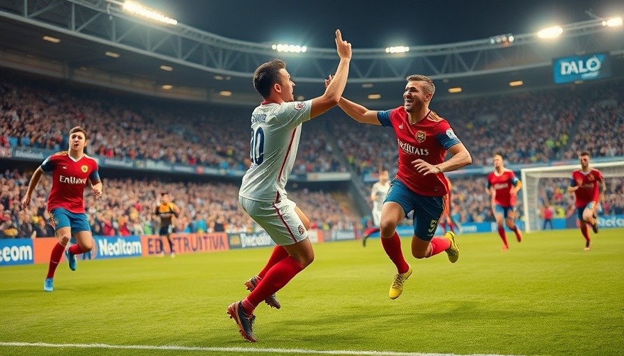 Dynamic soccer scene with players celebrating an equalizer goal.