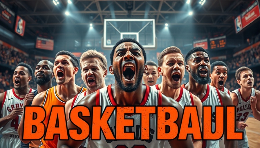 Basketball collage featuring excited athletes and figures, highlighting competition.