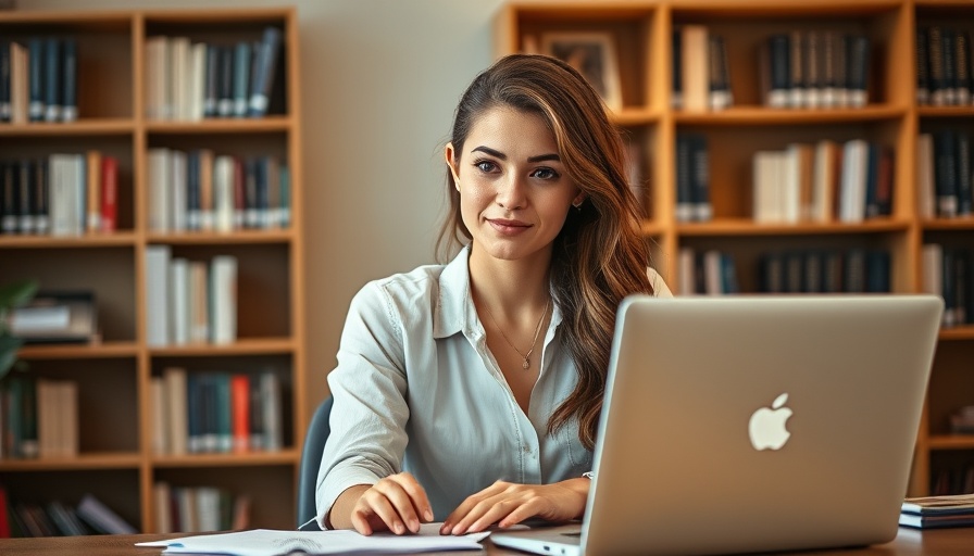 Confident woman at desk with laptop in office setting, warm lighting.