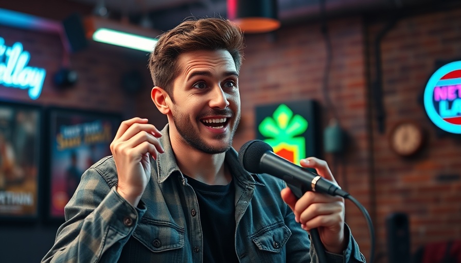 Man discussing in a studio, vibrant setting with neon lights.