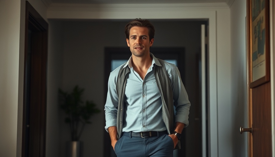 Tall man enters room casually, indoor setting, natural lighting.