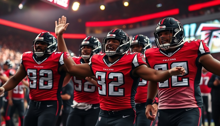 Atlanta Falcons players celebrate game highlights in vibrant graphic