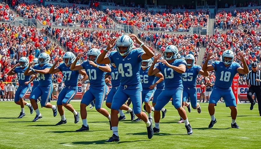 Energetic football players dancing in stadium, sunny day.
