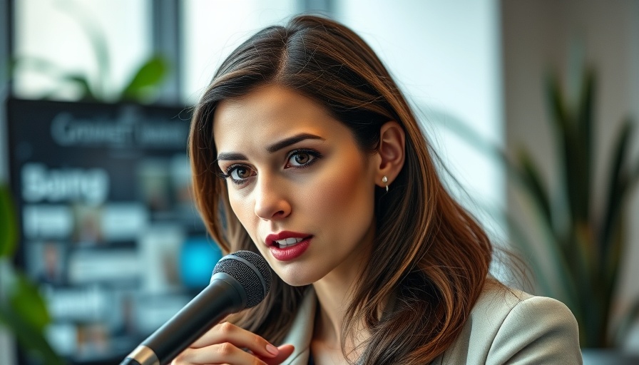 Focused woman speaks confidently into a microphone indoors, support for Turning Point USA.