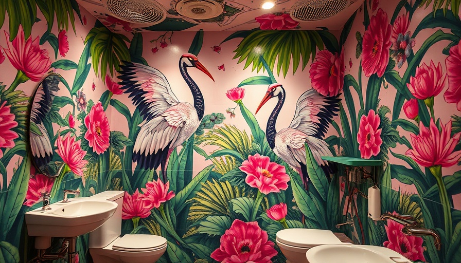 Colorful mural in Atlanta restaurant restroom featuring cranes.