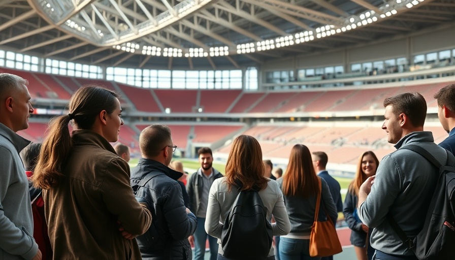 Group in sports stadium, lively atmosphere, AI sports betting concept.