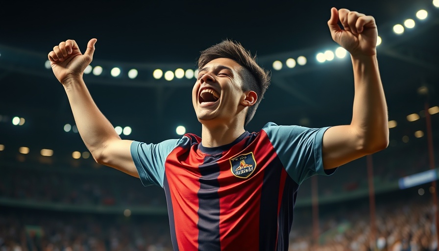 Ecstatic football player celebrating under stadium lights during a game at night.