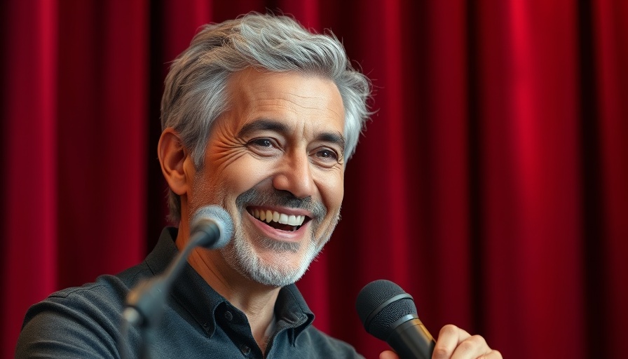 Middle-aged man in studio smiling and speaking into a microphone.