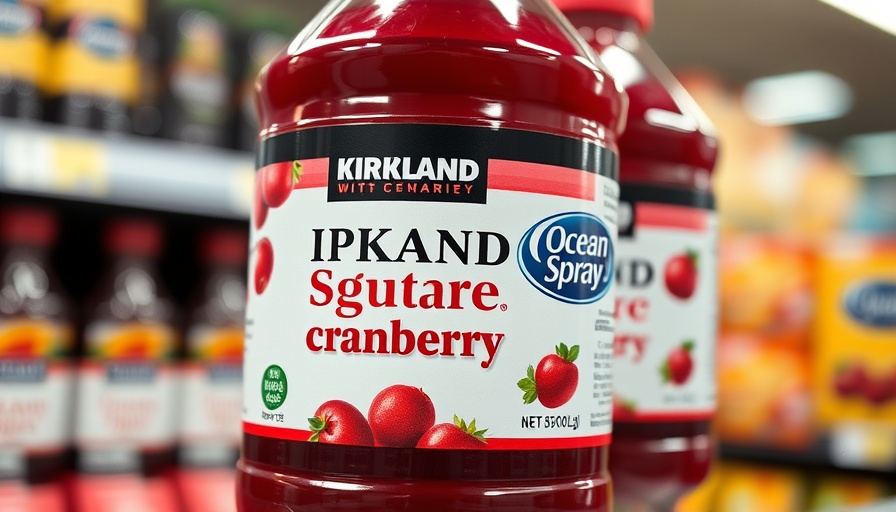 Kirkland cranberry juice bottle showcasing dual branding strategy.
