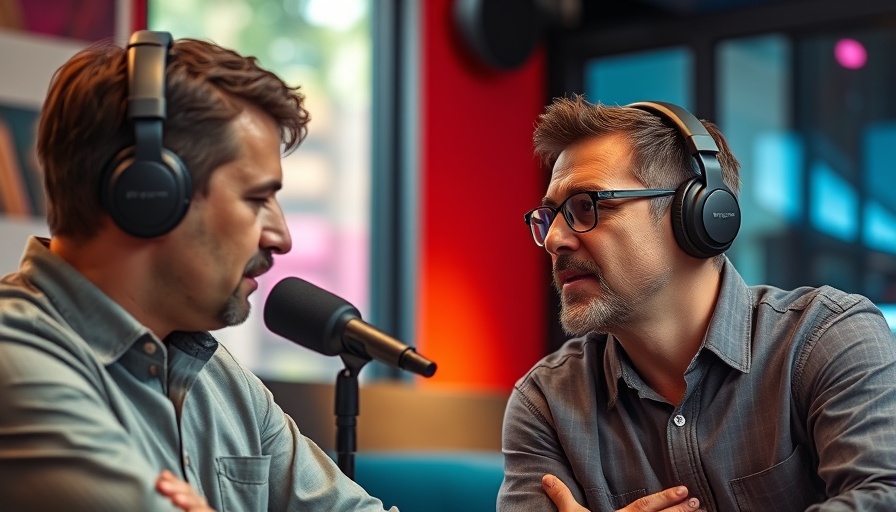 Men having heartfelt discussion in podcast studio.