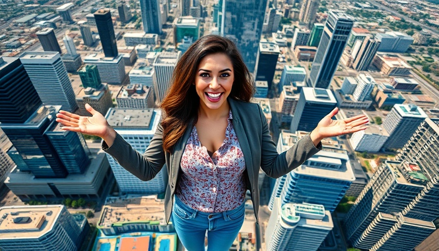Affordable Midtown Atlanta condos, woman presenting a cityscape view