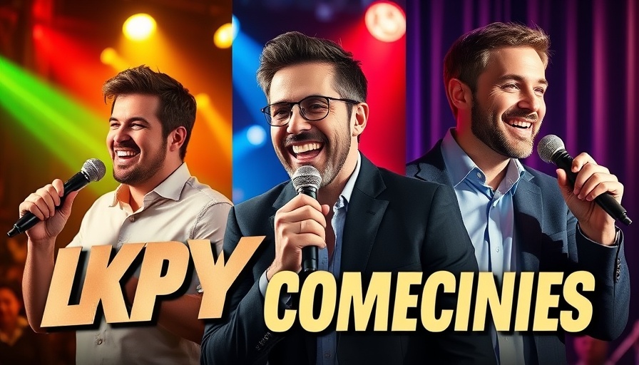 Comedians perform in Saudi Arabia with vibrant backdrop.