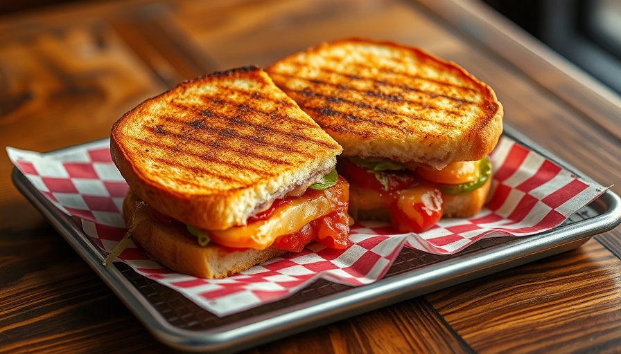 Grilled sandwich on checkered paper on a tray at Atlanta restaurant.