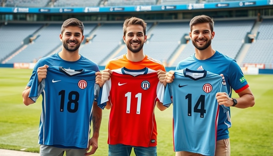 Friends in stadium posing with football shirts, AI sports betting.