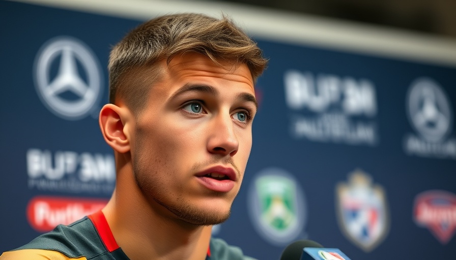 Young male athlete speaking at press conference indoors.