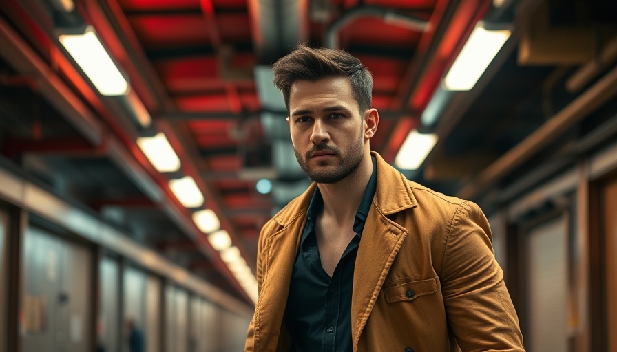 Stylish man walking confidently in an industrial corridor