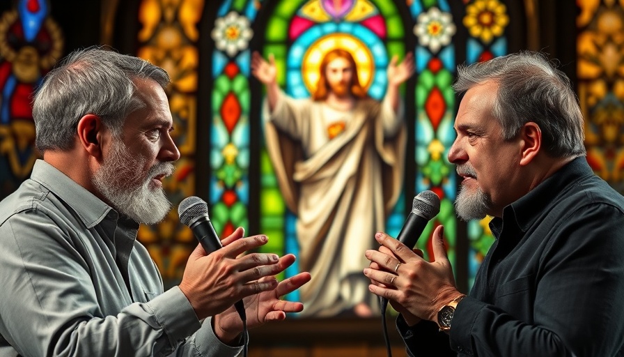 Christianity and democracy debated by two men with stained glass Jesus.