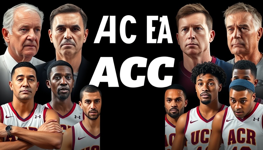2025 ACC predictions with coaches and player in basketball uniforms.