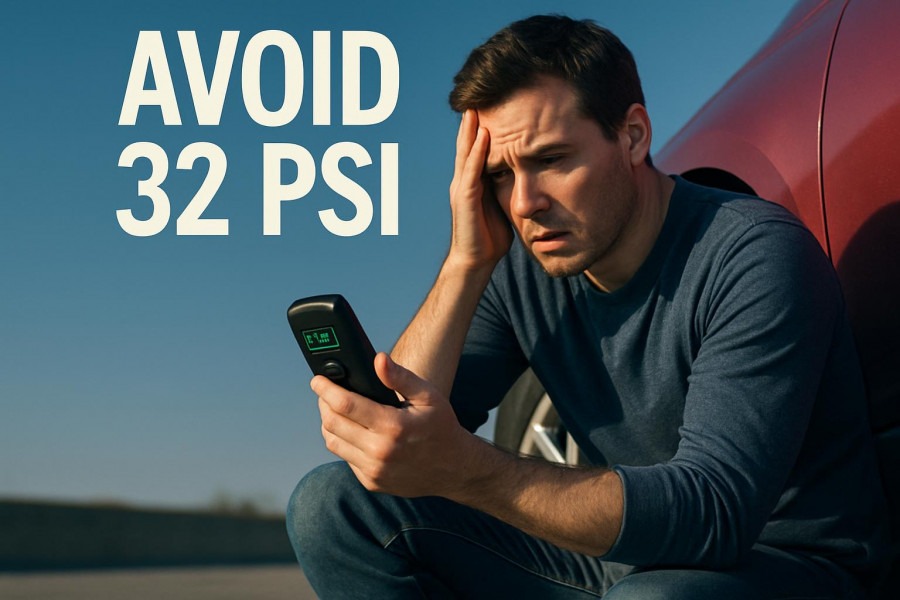 Concerned driver checks tire pressure for safety, highlighting impact of proper PSI.