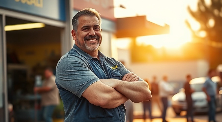 Confident auto repair shop owner showcases business growth strategies in golden hour.