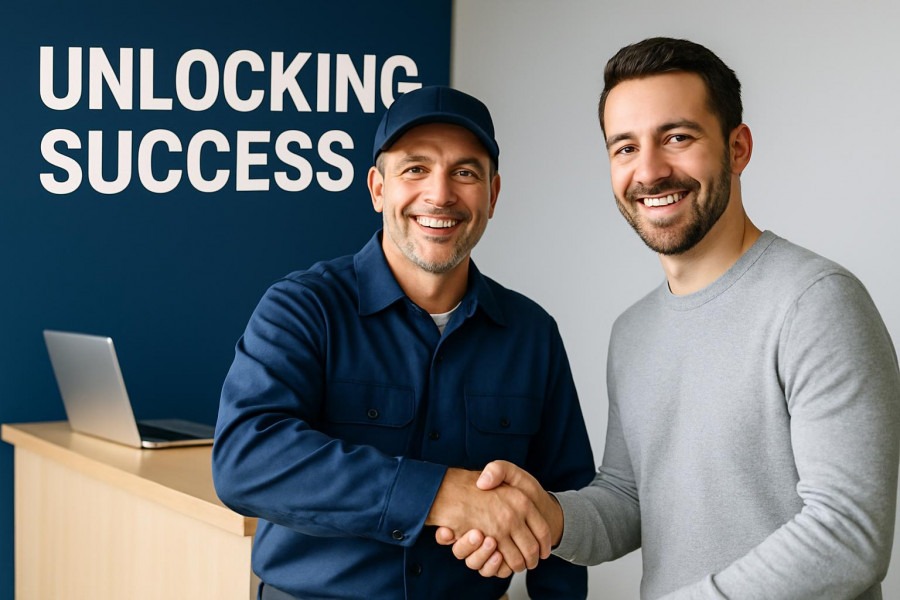 Smiling auto shop owner and customer shake hands, showcasing trust in auto repair marketing.