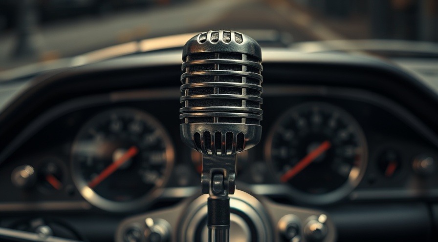 Vintage microphone on retro car dashboard, ideal for auto repair shop marketing.
