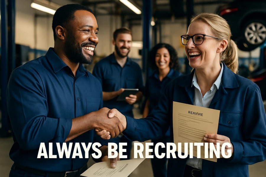 Diverse auto repair managers shake hands, highlighting recruitment in automotive hiring.