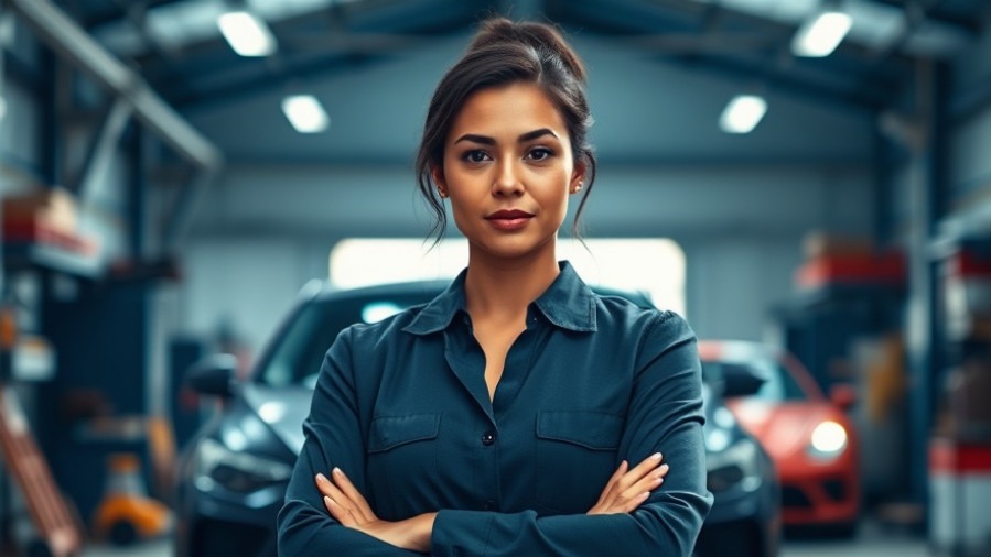 Confident female shop owner in a modern auto care workshop, embodying leadership.