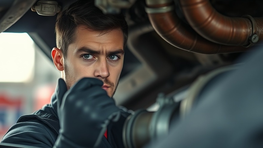 Determined mechanic inspecting broken exhaust in dim workshop light.