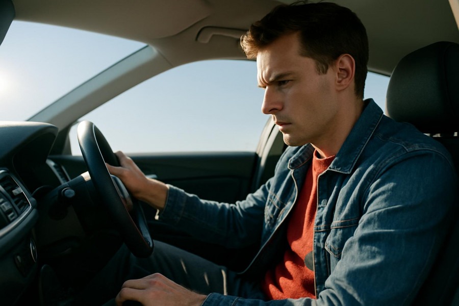 Focused driver testing ABS brakes, showcasing vehicle safety and braking system understanding.