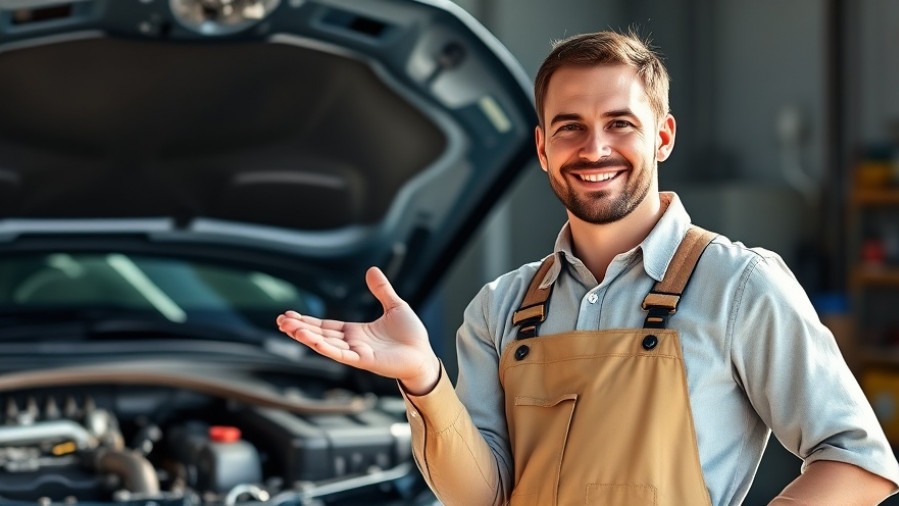 Cheerful mechanic showcasing expert vehicle care tips next to gleaming car engine.