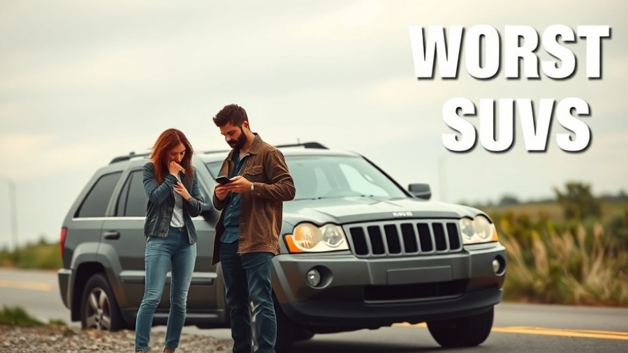 Frustrated couple by broken SUV, showcasing poorly designed SUVs and their reliability issues.