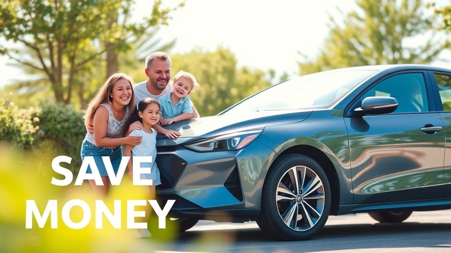 Joyful family next to a hybrid car, showcasing fuel efficiency and low maintenance costs.
