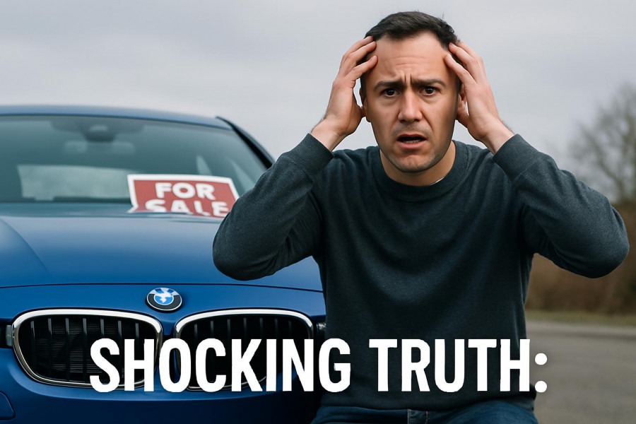Frustrated car owner with disbelief next to shiny BMW for sale, highlighting buyer remorse cars.