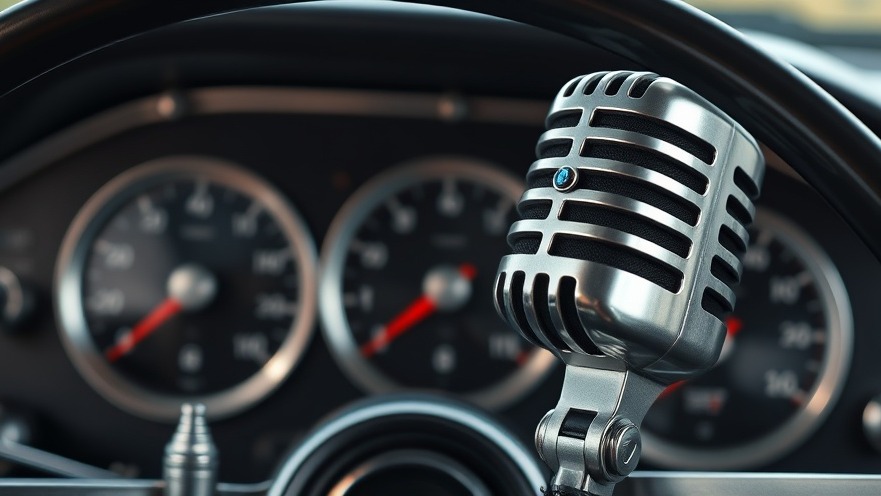 Classic silver microphone in front of a vintage car dashboard, enhancing customer experience in auto repair marketing.