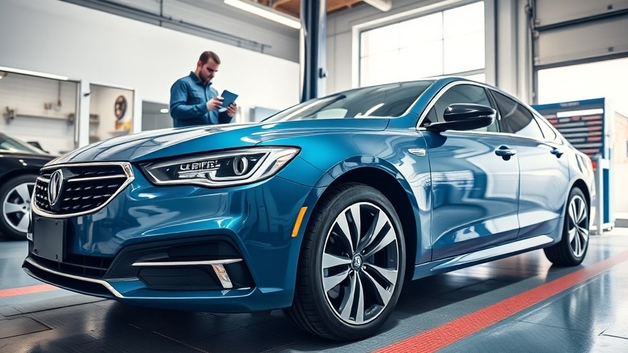 Photorealistic close-up of a sleek blue sedan in a garage during a safety inspection.
